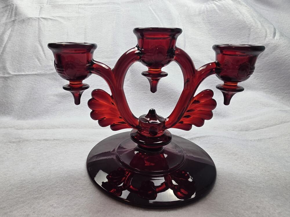 Vintage New Martinsville Glass Moondrops Ruby Red Winged 3 Candlestick Holder - Picture 1 of 7